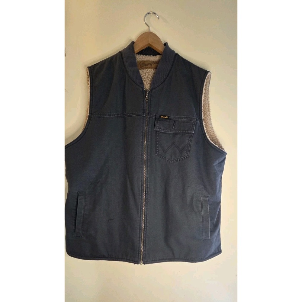 Wrangler Rancher Vest Men's Large Gray Western Rodeo Sherpa Lined Full Zip